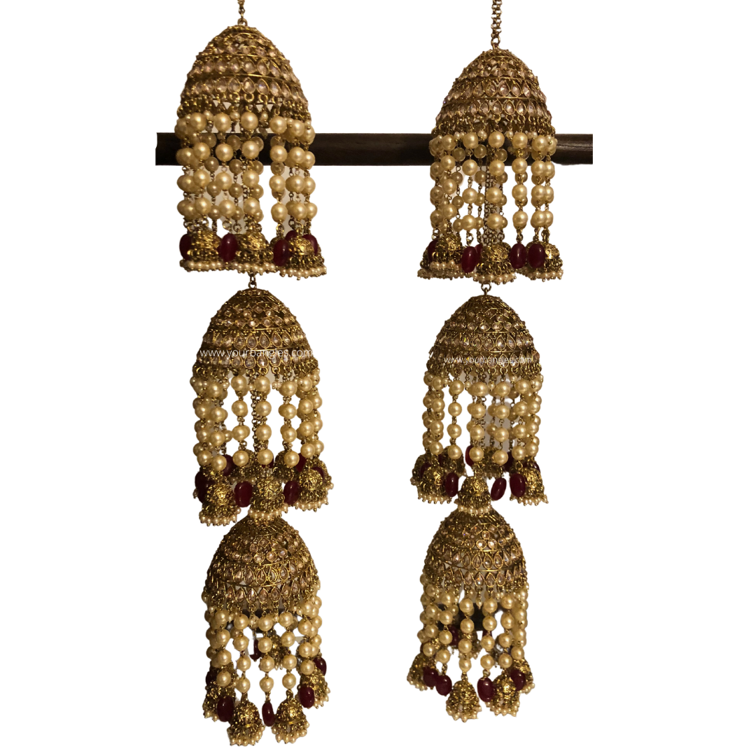MAHIMA Golden/Maroon 3 Tier Jhoomer Kaleere