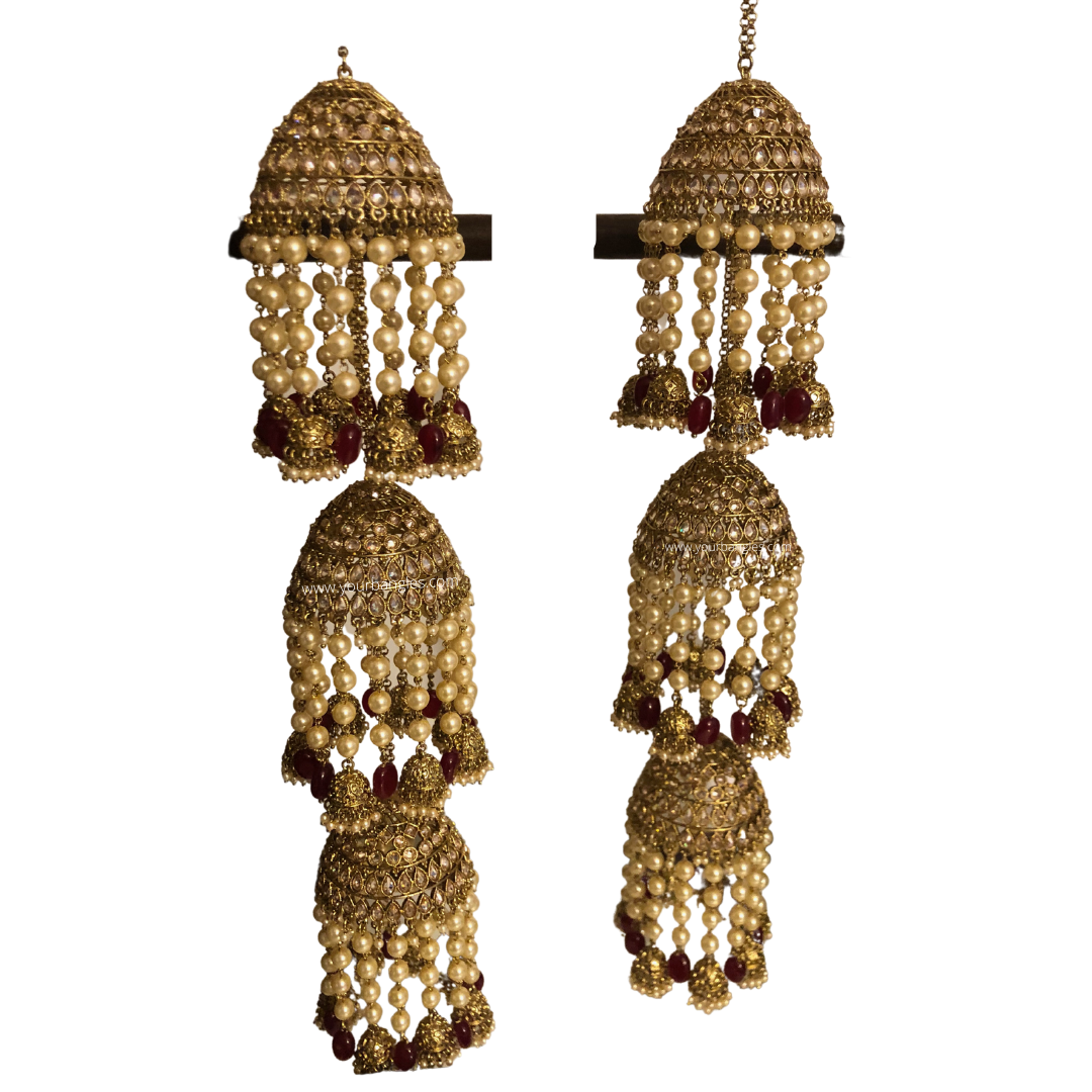 MAHIMA Golden/Maroon 3 Tier Jhoomer Kaleere